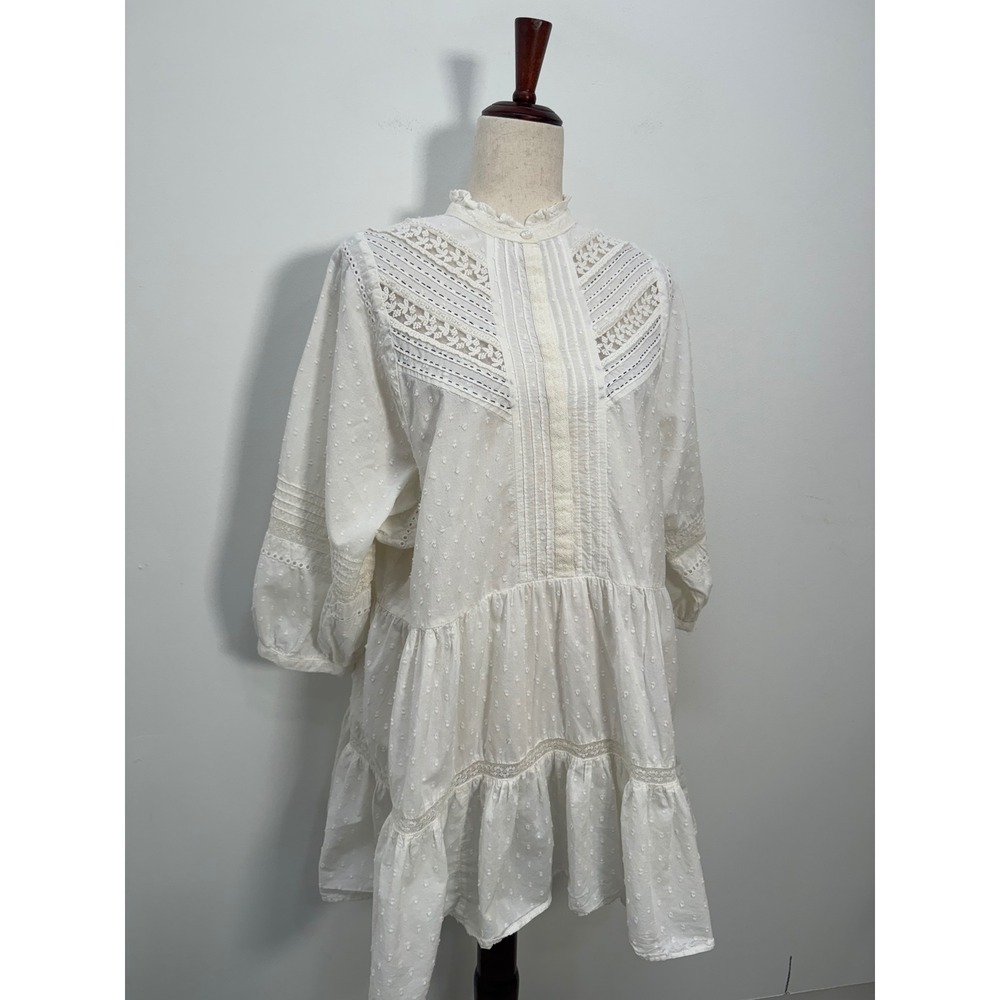 Anthropologie Mini Dress S White Swiss Dot Lace Tiered Babydoll Cotton Boho